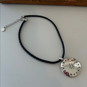 Ralph Lauren Silver medallion black rope necklace Southwestern BoHo silver disc